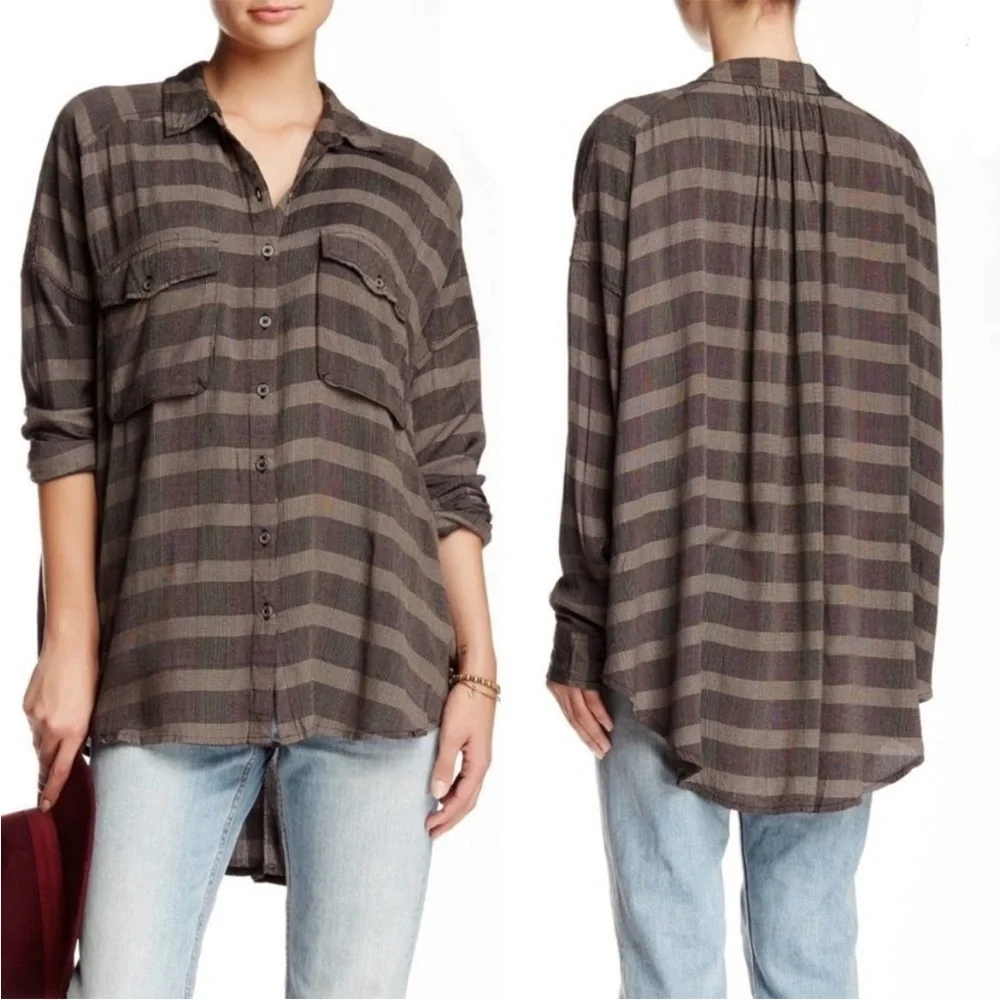 Free People Fawn over you plaid button down peasant shirt M - Picture 12 of 12